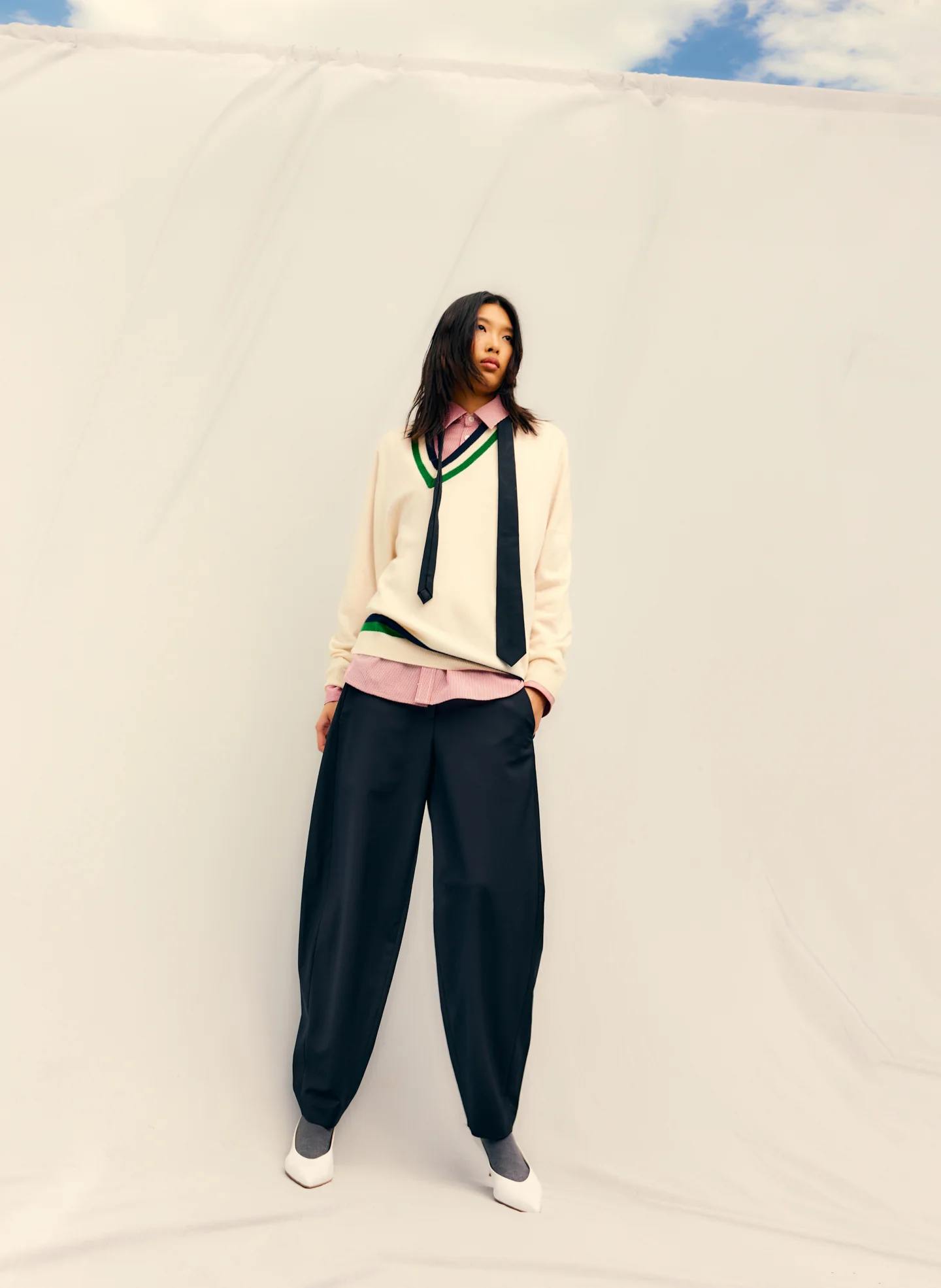 Washable Cashmere Striped Warp V-Neck Pullover - Image 2