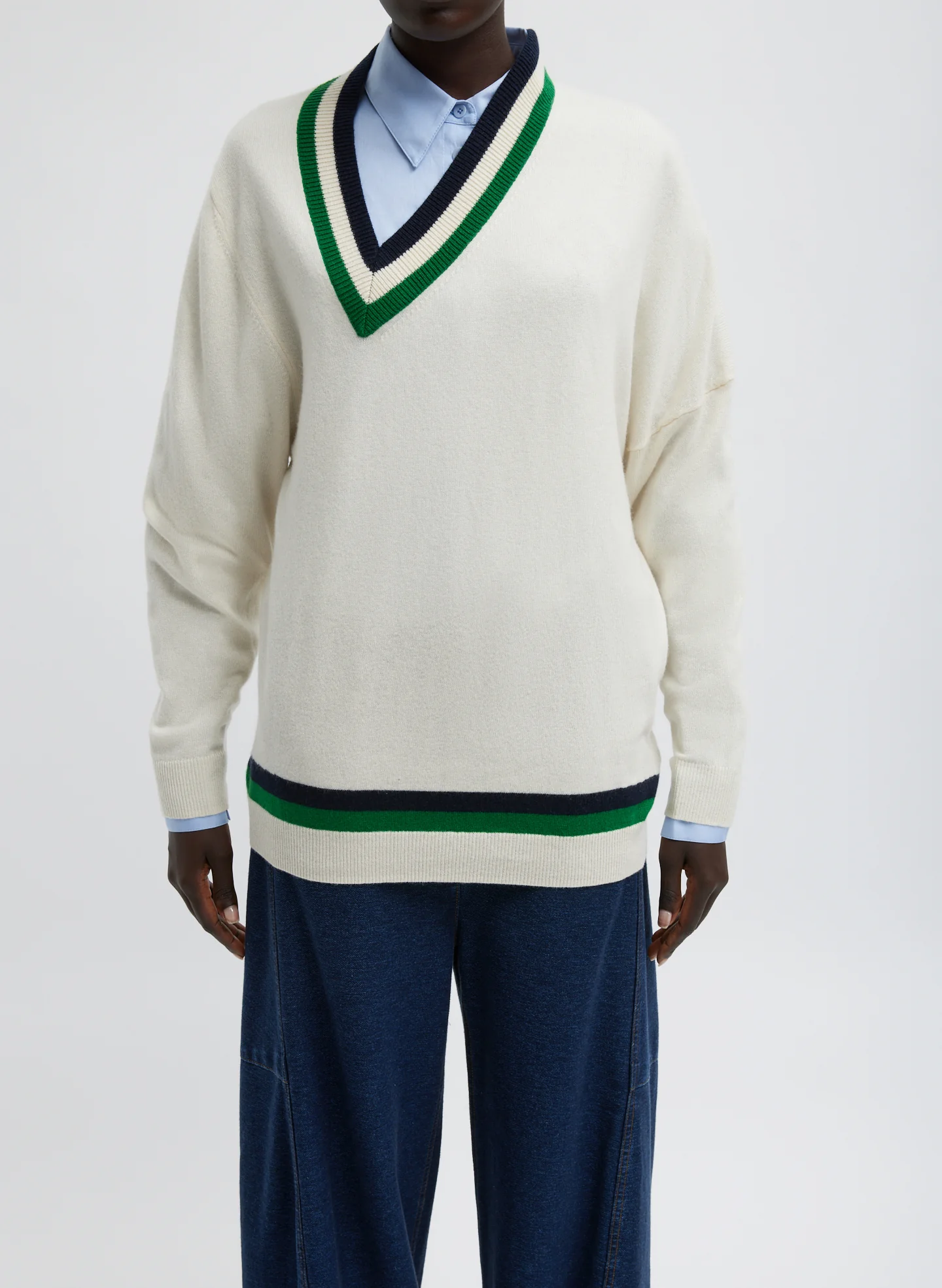 Washable Cashmere Striped Warp V-Neck Pullover - Image 3