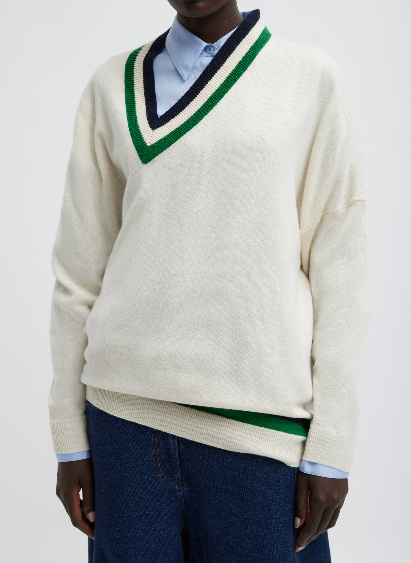 Washable Cashmere Striped Warp V-Neck Pullover - Image 4